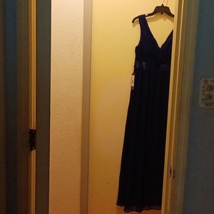 Navy Sleeveless Satin Waist Chiffon A-Line Evening Dress